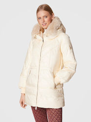 Fracomina Women's Long Puffer Jacket for Winter with Hood Μπεζ.