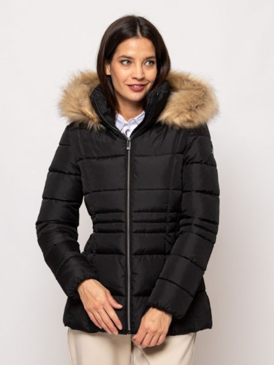 Heavy Tools Women's Short Puffer Jacket Waterproof for Winter with Hood BLACK