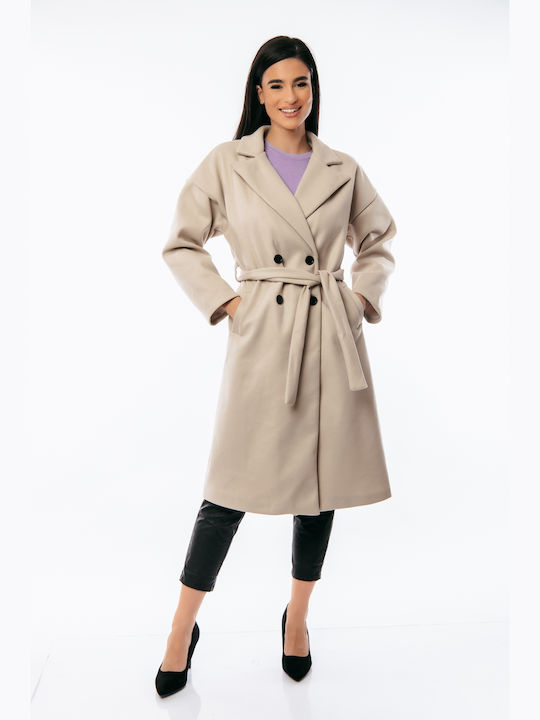Dress Up Women's Long Coat with Belt beige