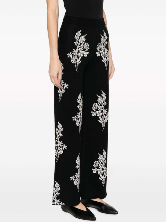 Women's Fabric Trousers Flared Floral Black