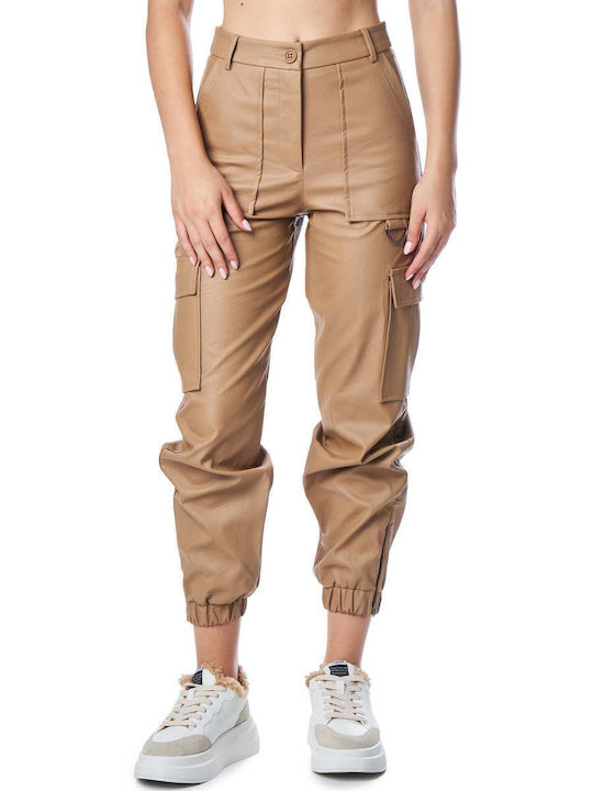 Women's High-waisted Fabric Cargo Trousers Beige