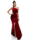 RichgirlBoudoir Maxi Βραδινό Φόρεμα Βελούδινο με Σκίσιμο Κόκκινο