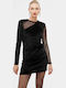 Mini Evening Dress Velvet with Sheer Black