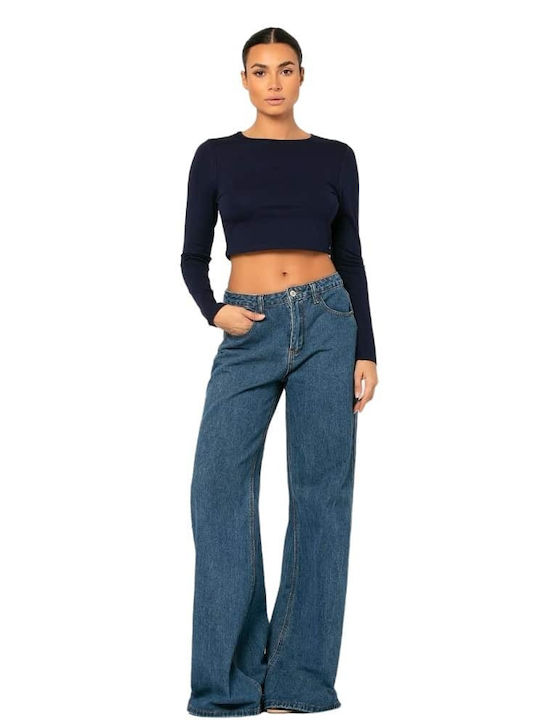 Noobass Damen Crop Top Langarm mit Rundhalsausschnitt Blue