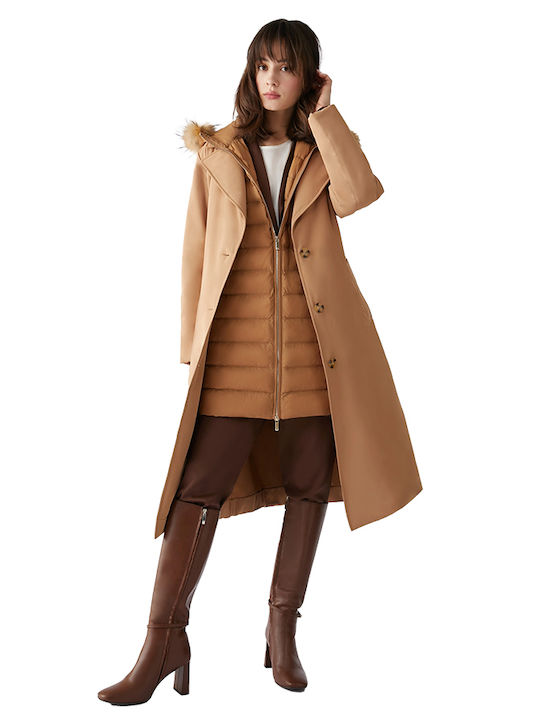 Pennyblack Women's Midi Coat with Belt ,Hood and Fur Brown