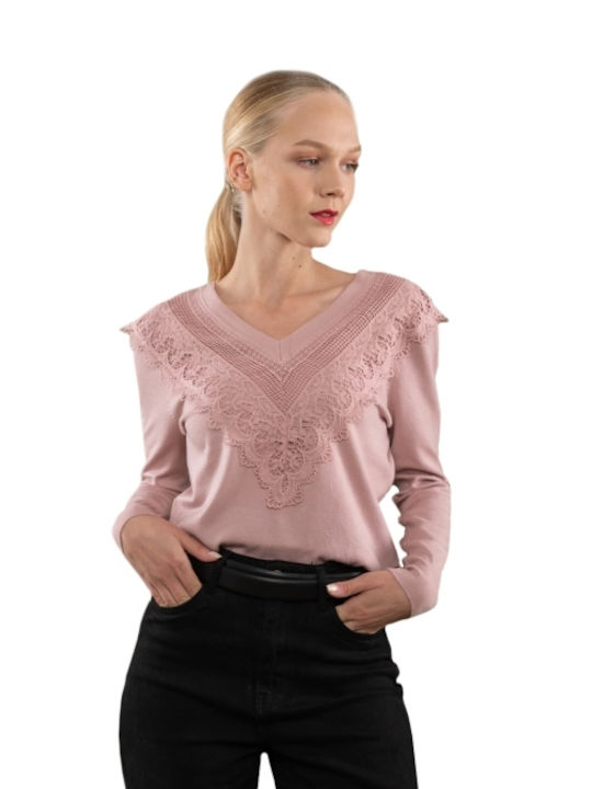 E-shopping Avenue Women's Blouse Long Sleeve with V Neckline Pink