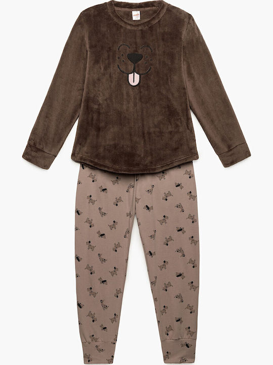 Minerva Kinder Schlafanzug Winterlich Brown Fleece Pajama