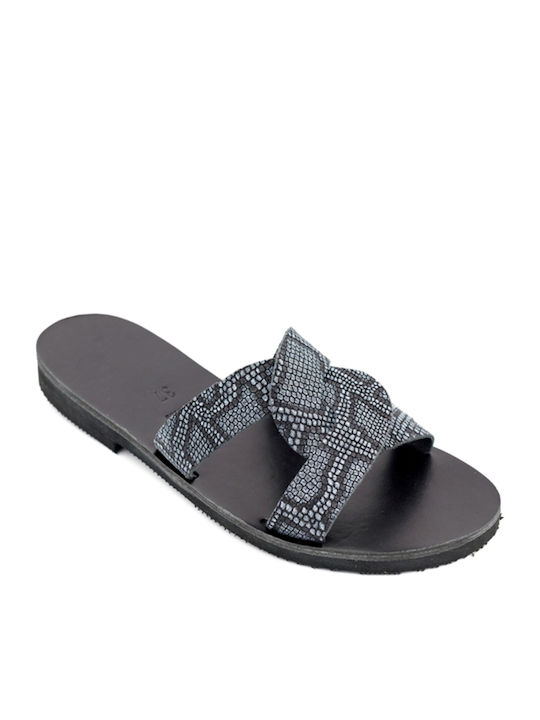 Leather Women's Flat Sandals in Black Color