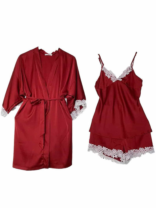 Lovelx Homewear Sommer Damen Satin Robe mit Nachthemd Burgundy