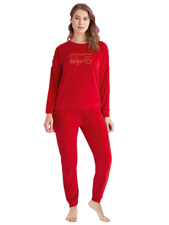 Pijamerry Winter Damen Pyjama-Set Samt Red