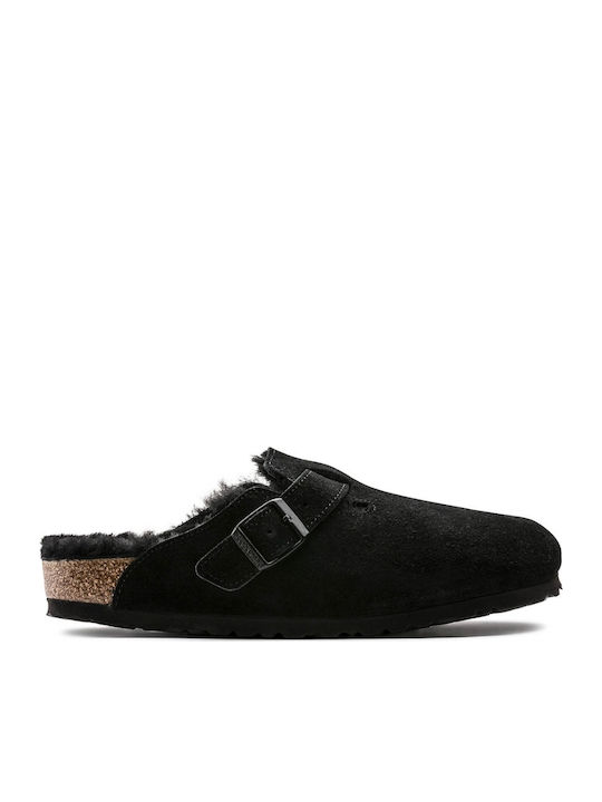 Boston Suede Shearling Anatomical Women's Slippers with Fur Black Narrow Fit