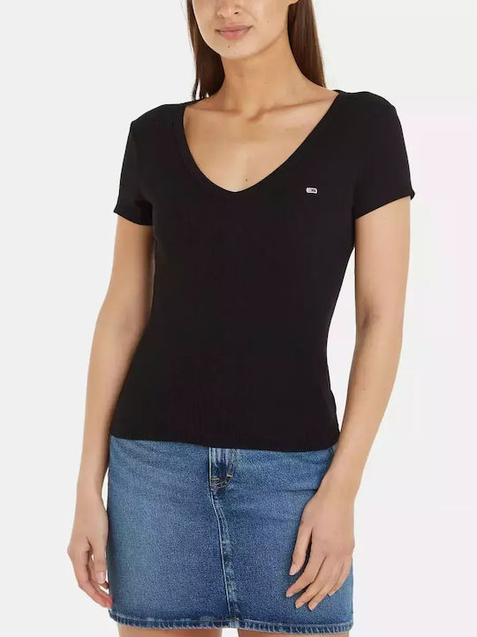 Tommy Hilfiger Damen T-Shirt mit V-Ausschnitt Schwarz