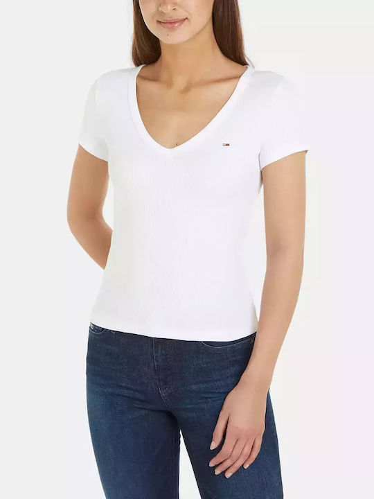 Tommy Hilfiger Damen T-Shirt mit V-Ausschnitt Weiß