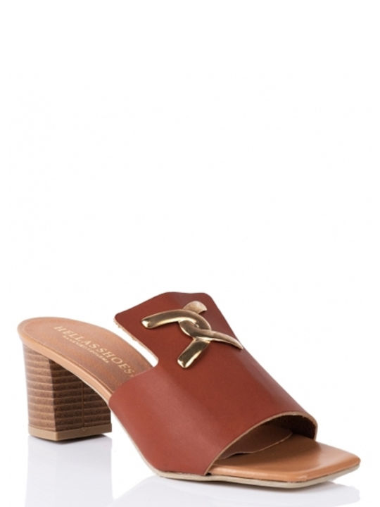 E-shopping Avenue Chunky Heel Leather Mules Brown