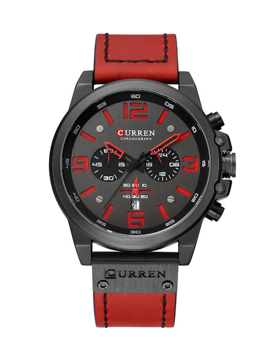 Curren 8314 Watch Chronograph Battery with Red / Red Leather Strap