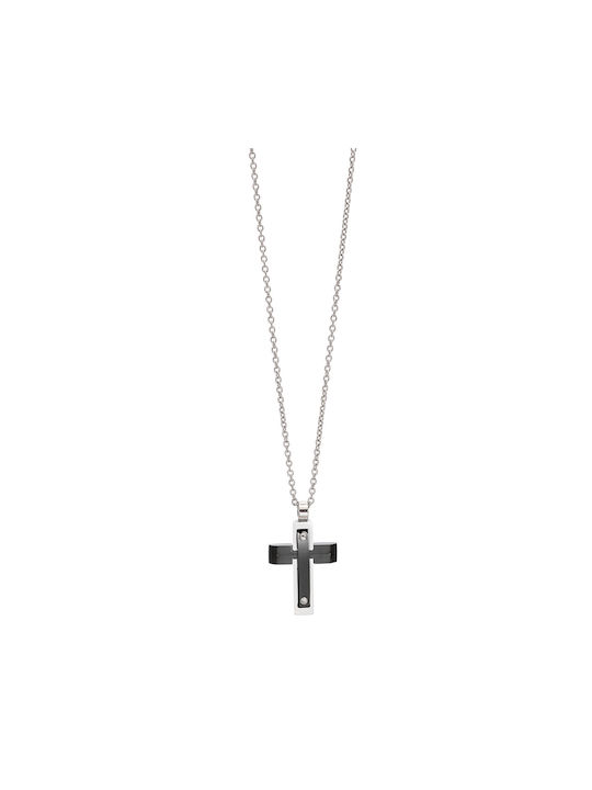 Visetti Black Men's Cross from Steel with Chain Ασημί