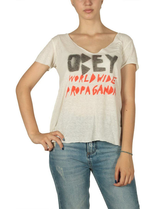 Obey Women's T-shirt with V Neck Ecru