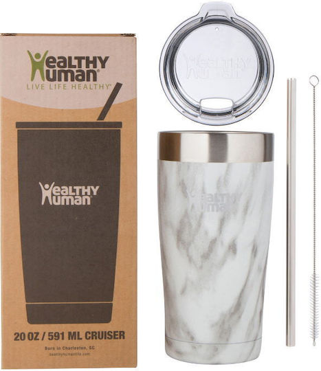 Healthy Human Cruiser Glass Thermos Stainless Steel BPA Free 591ml Stone White With Straw