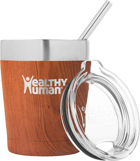 Healthy Human Stainless Steel Thermos Bottle BPA Free 354ml Natural Wood with Straw