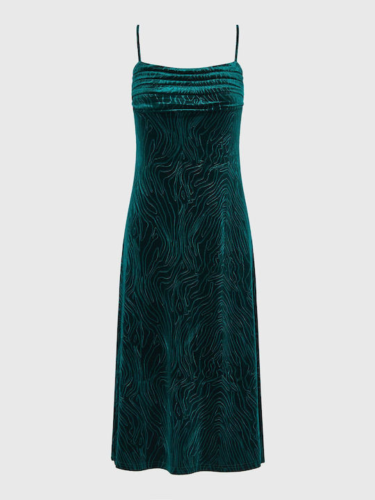 Funky Buddha Evening Spaghetti Strap Velvet Midi Party Dress Drape Green , Regular Fit