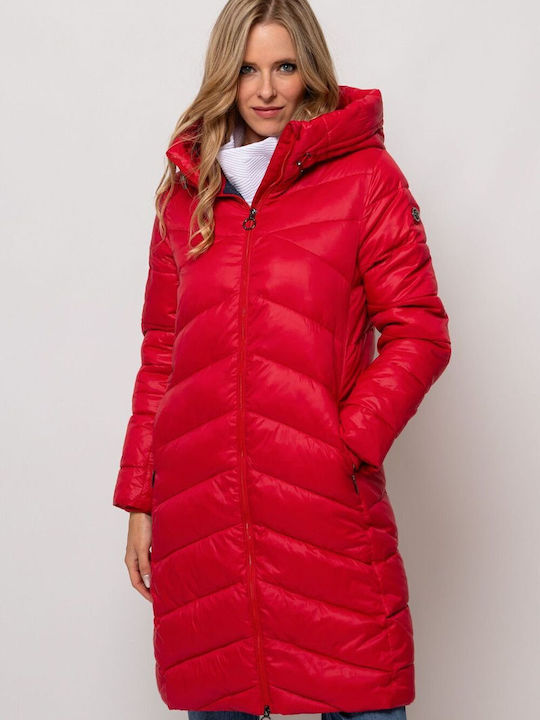 Heavy Tools Women's Long Puffer Jacket for Winter with Hood Red