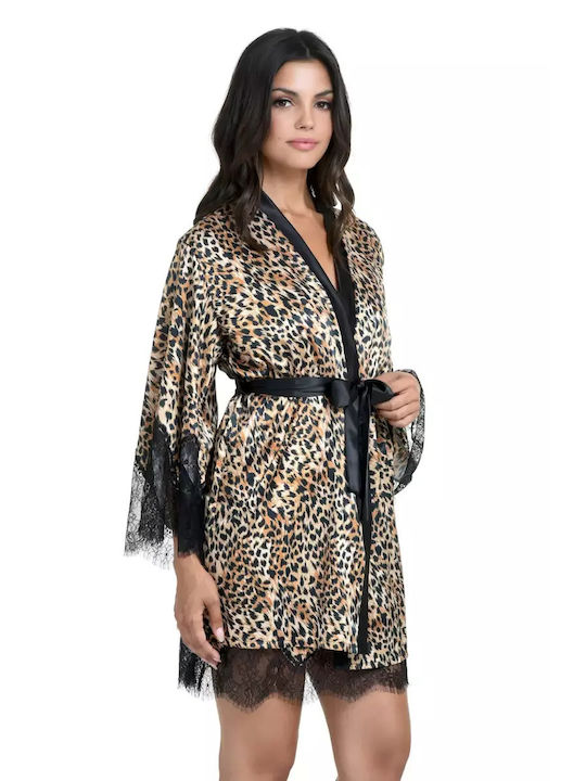 Miss Rosy Winter Women's Satin Robe Leopard Print