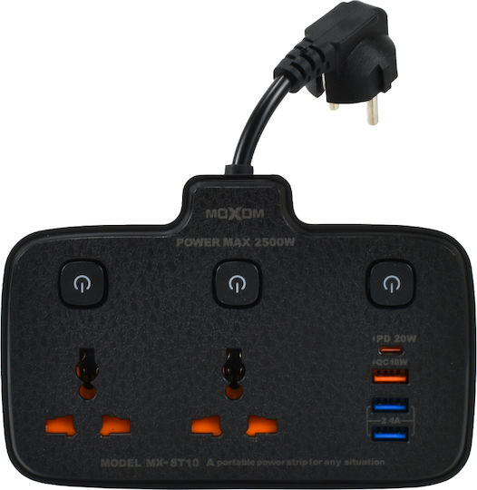 Moxom Πολύπριζο 2 Θέσεων με USB-A, USB-C και Διακόπτη