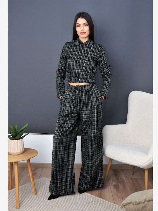 Olian Women's BLACK-GREEN Set with Trousers Checked