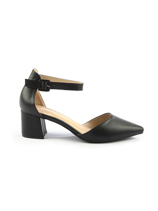 Fshoes Synthetic Leather Black Heels with Strap