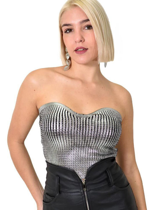 Potre Damen Bluse Trägerlos Silver