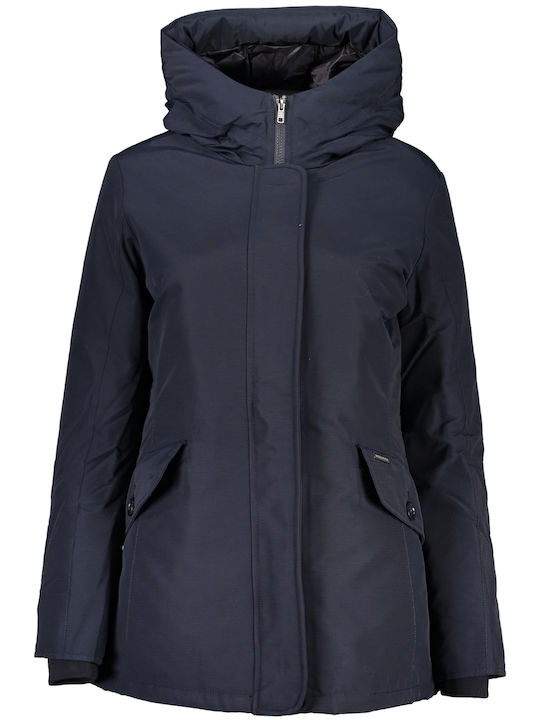 Woolrich Women's Long Lifestyle Jacket for Winter with Hood Blue.