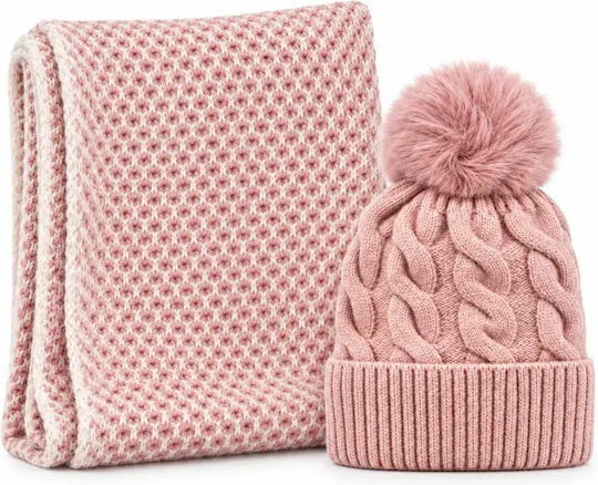 Set with Beanie Knitted in Pink color