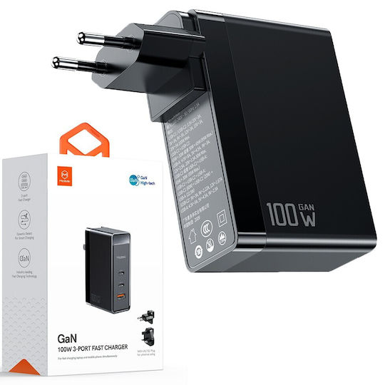 Mcdodo Charger Without Cable GaN with USB-A Port and 2 USB-C Ports 100W Power Delivery Blacks (Gan)