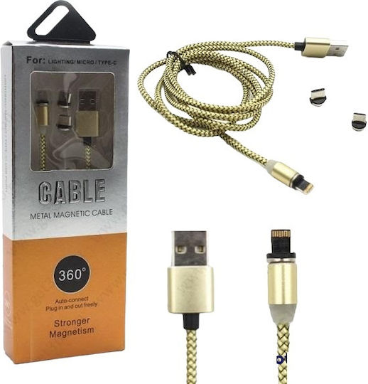 X-cable Braided / Magnetic Cablu USB la Lightning / Type-C / micro USB cu mai multe porturi Auriu 1m