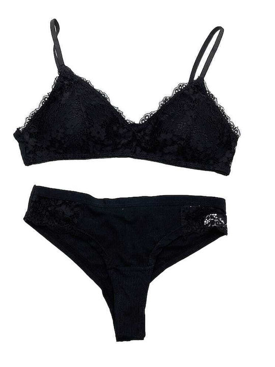 Dyana Dantelat Set de Lenjerie Sutien cu Șir de caractere Black