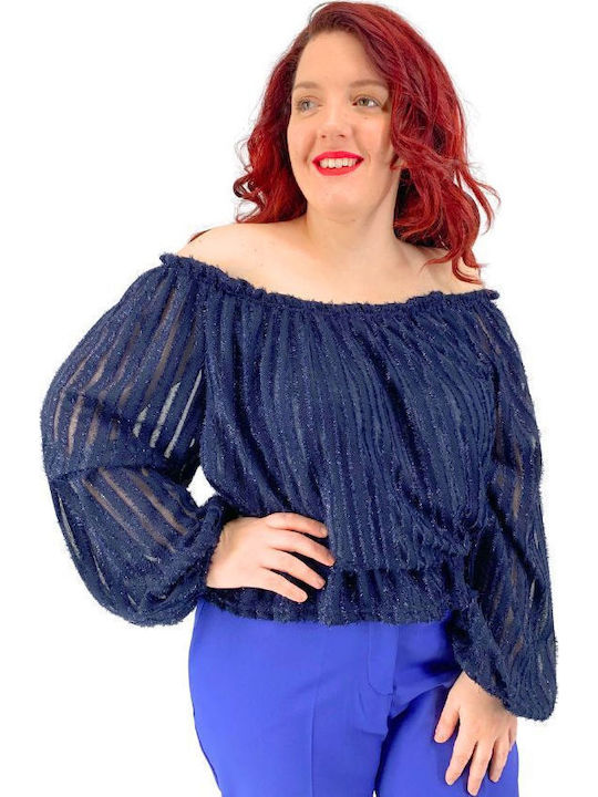 Plus Size Γυναικεία Μπλούζα Off-Shoulder Μακρυμάνικη Μπλε