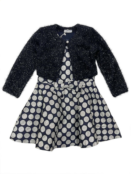 Ustyle Kids Dress Set with Coat Polka Dot Long Sleeve Blue