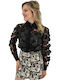 Women's Satin Polka Dot Long Sleeve Shirt Black