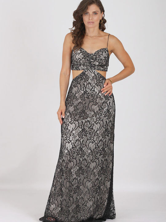 On Line Maxi Evening Dress with Lace Black