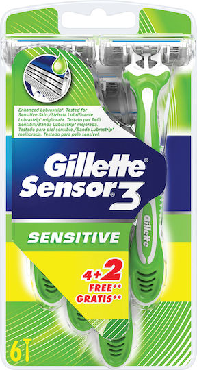 Gillette Sensor 3 Sensitive Disposable Razors Single Use with 3 Blades & Lubricious Strip for Sensitive Skin 6pcs