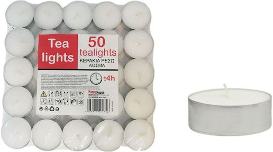 Happy House Tealights Aromatic in White Colour Up To 4 Hours Duration 50 Pieces