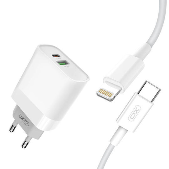 XO с USB-A порт и USB-C порт и кабел USB-C - Lightning 20W Power Delivery / Quick Charge 3.0 Бял (L64)