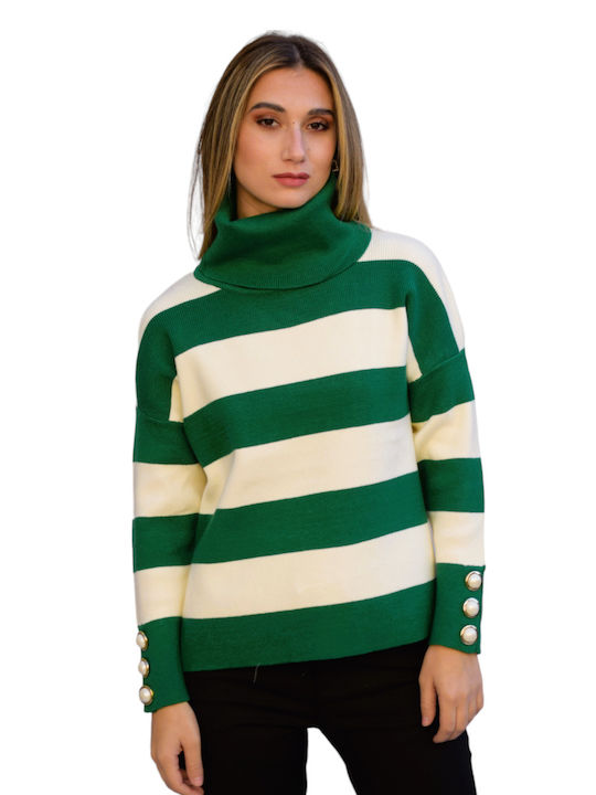 Zilan Damen Langarm Pullover Rollkragen Gestreift green-ecru