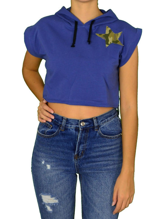 Damen Crop Top Baumwolle Ärmellos mit Kapuze Blue