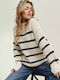 Rut & Circle Women's Long Sleeve Sweater Cotton Striped Beige