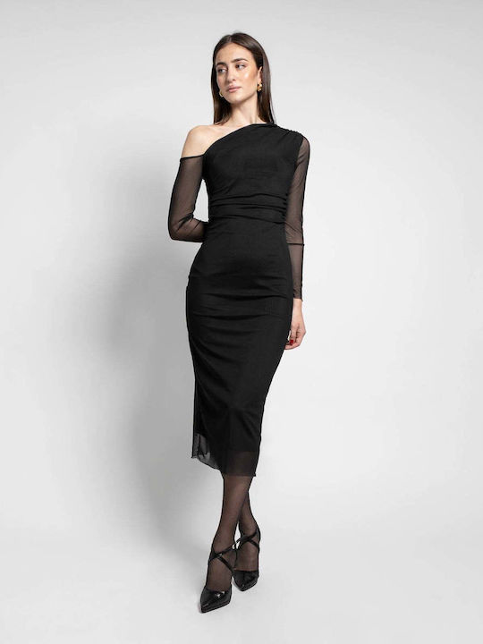 Fashioncore Midi Evening Dress with Sheer Black