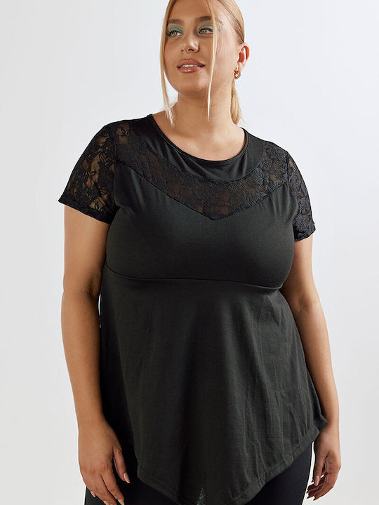 Lace Damen Bluse Kurzärmelig Schwarz