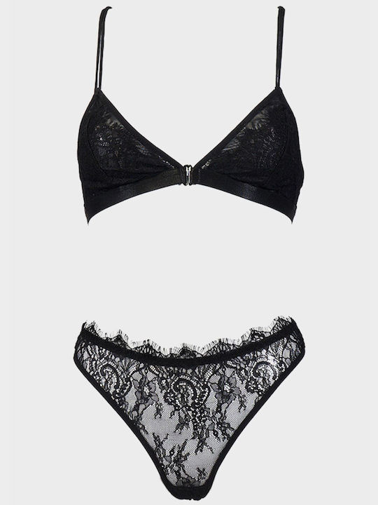 G Secret Lace Underwear Set with Bralette & String Black