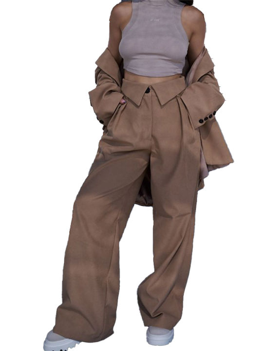 No Thinkin Women's High-waisted Fabric Trousers Brown