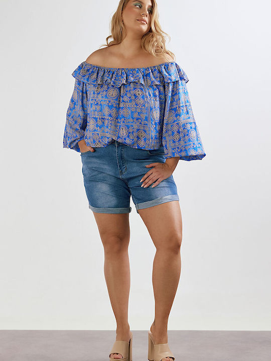 Damen Bluse mit 3/4 Ärmel Blumen Blau